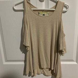 tan open shoulder blouse